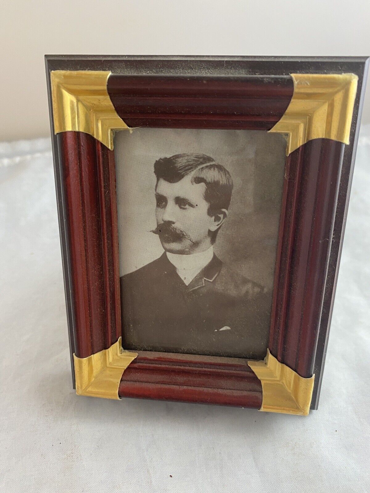Antique 1900’s Man's Portrait in Cherry Wood & Gold Painted 4x3 Frame.