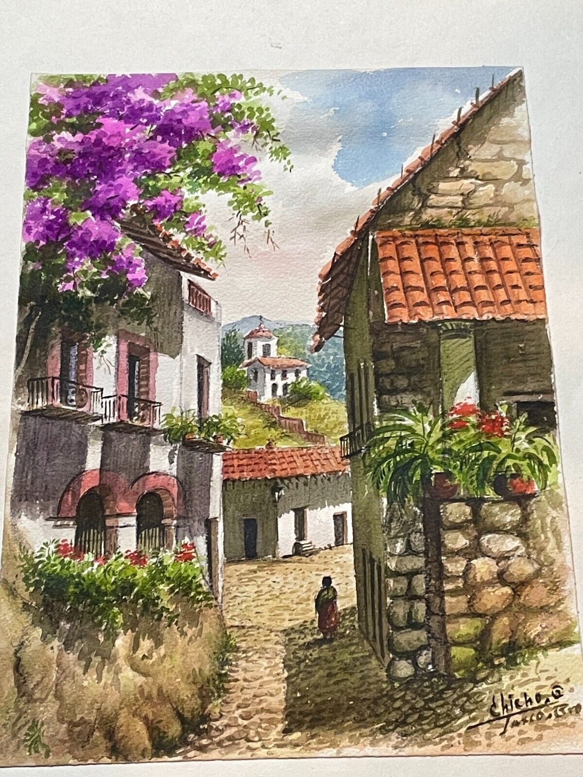 Vintage MCM Taxco Mexico Watercolor Painting Signed Chicho Mexican Village Art