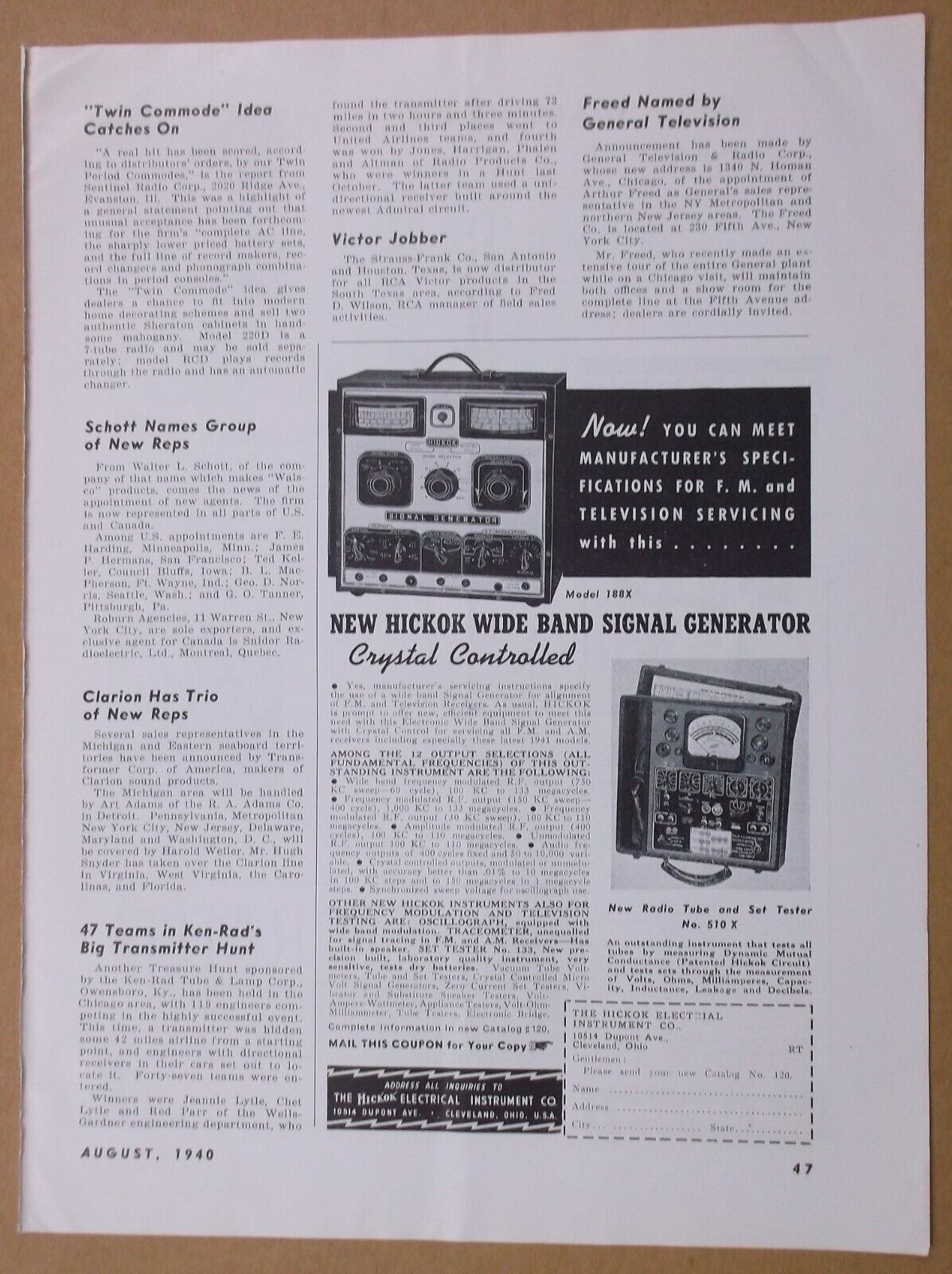 1940 HICKOK SIGNAL GENERATOR Magazine AD~ELECTRICAL INSTRUMENT/Cleveland~KEN-RAD