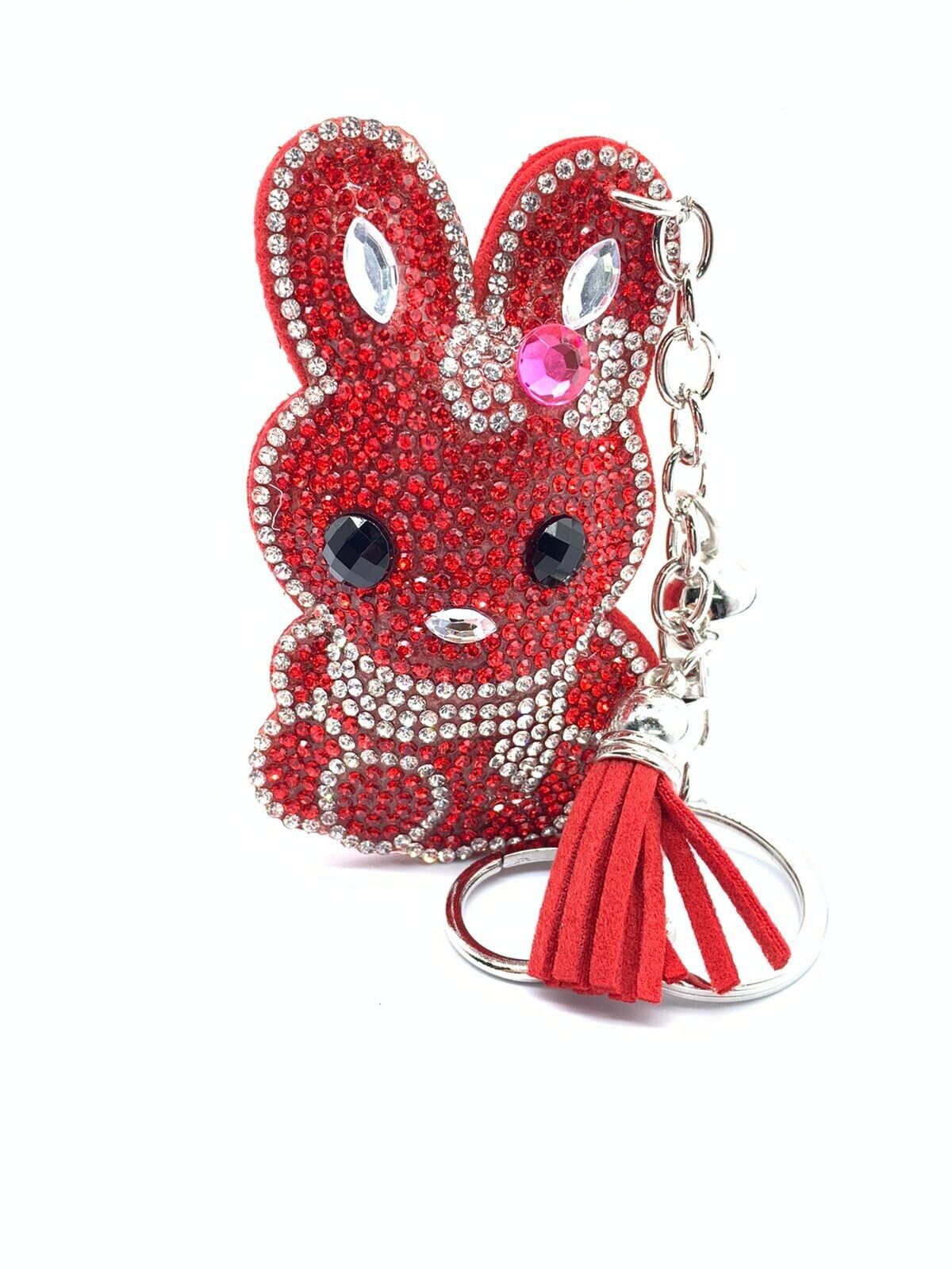 Bling Bunny Shape Keychain Glitter Red Silver Tassel Chain Bag Accessory