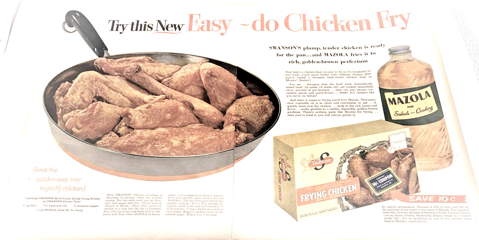 Swanson\'s Frying Chicken Mazola Oil 1953 Print Ad  2 Pages Recipe Easy Fry Pan