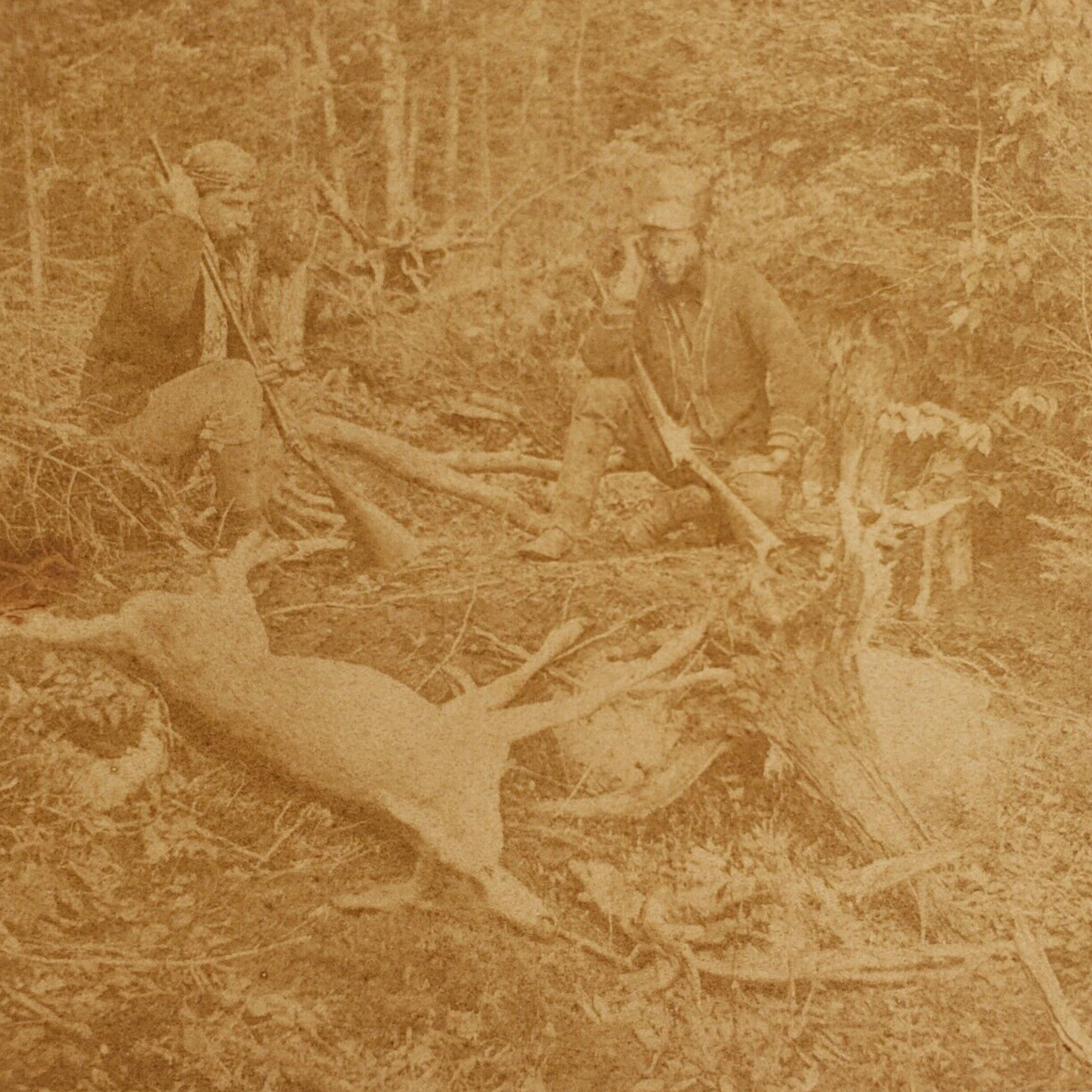 Deer Hunters Resting Guns Stereoview c1880 Kilburn Hunting Rifles Antique A1630