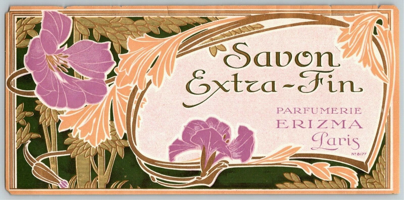 French c1910 Original Perfume Label - Savon Extra-Fin Parfumerie Erizma w/ Gilt