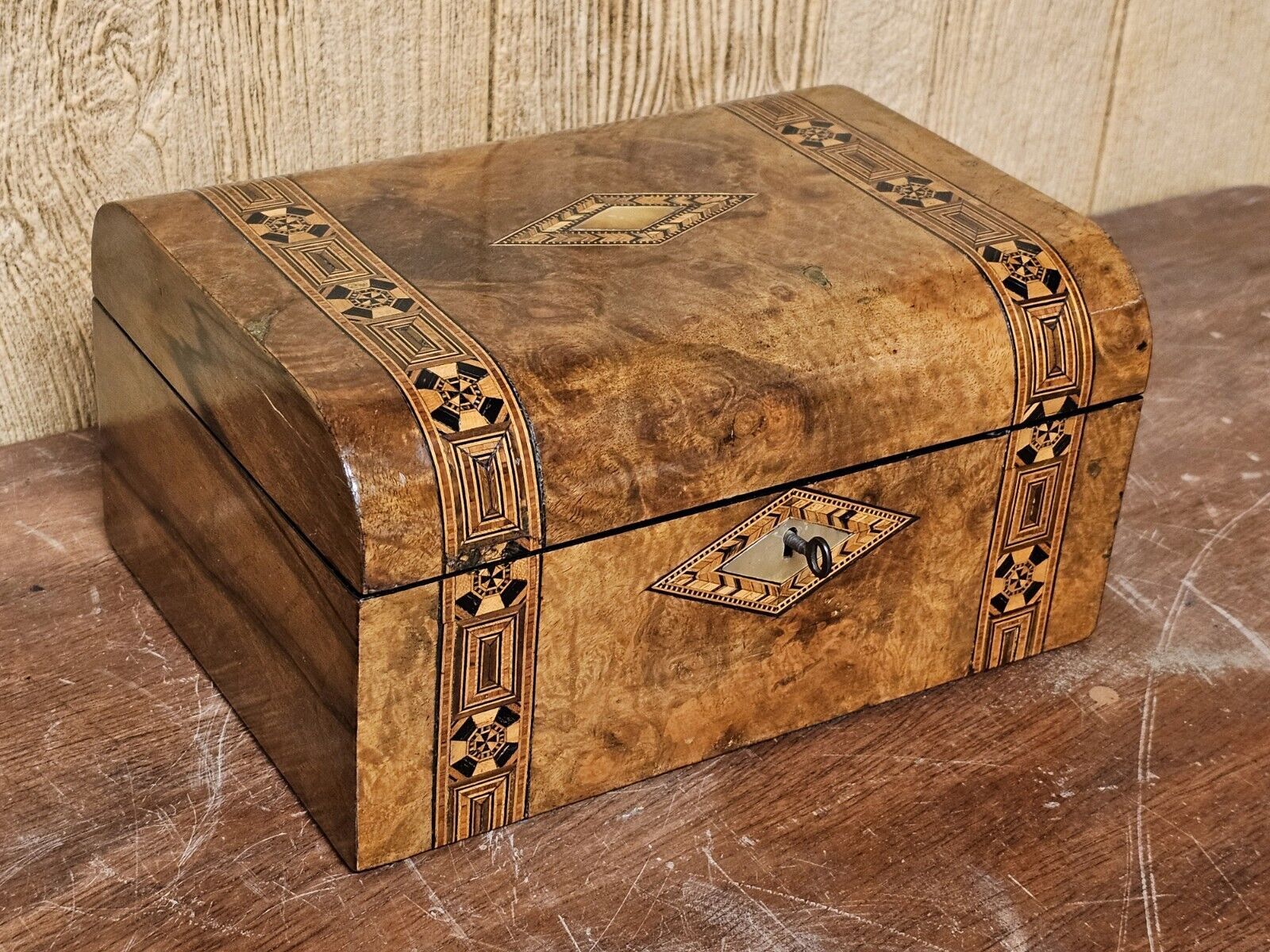 Antique 19th Century Walnut Tunbridege Ware Jewelry Box Sewing Box With Key