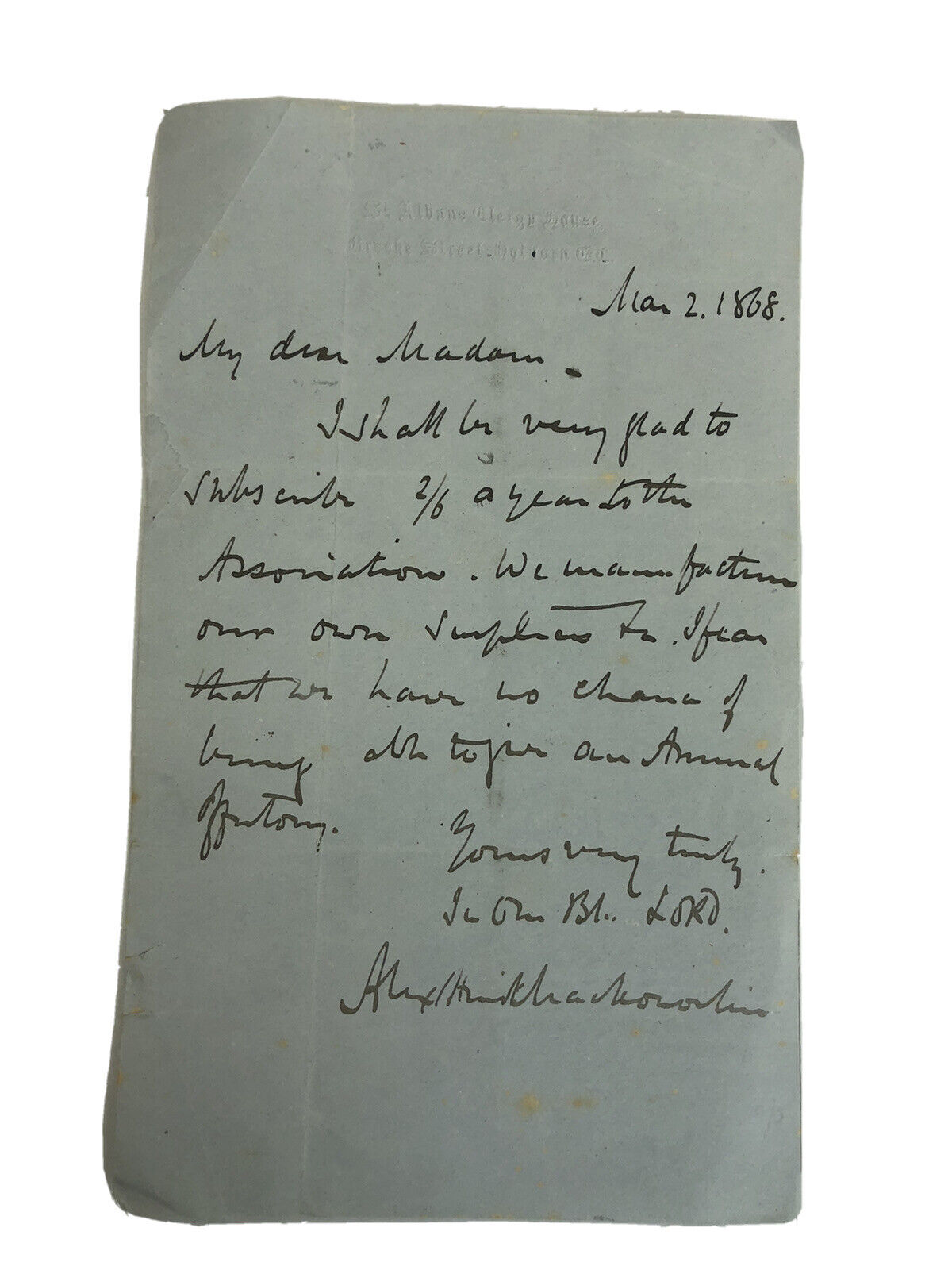 Alexander Mackonochie 1868 Signed Letter St. Albans Clergy House Holborn 