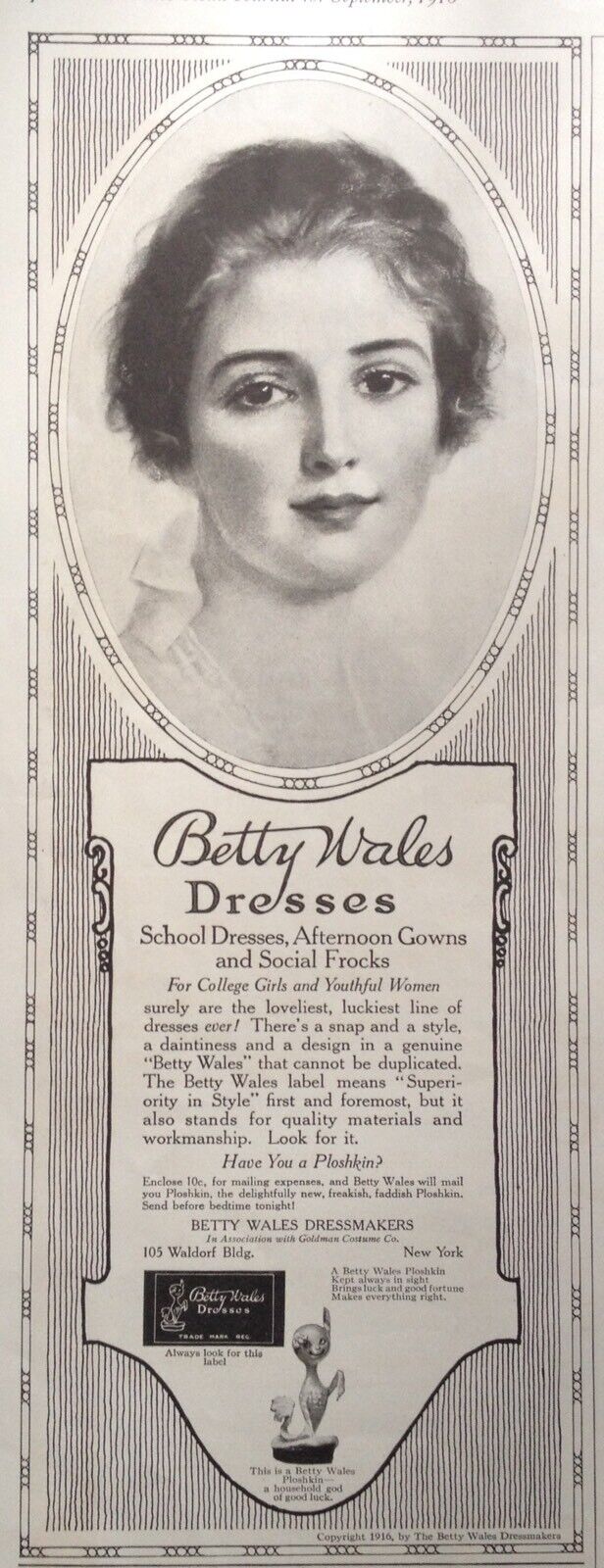 1916 AD(K15)~BETTY WALES DRESSMAKERS NYC. DRESSES, GOWNS FOR YOUTHFUL WOMEN