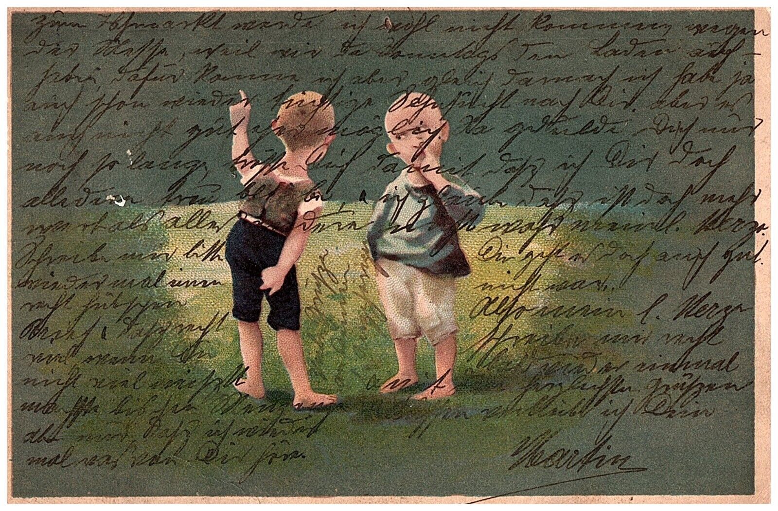 1913 German Second Reich Empire Leipzig Germany Postcard 2 Little Boys Playing