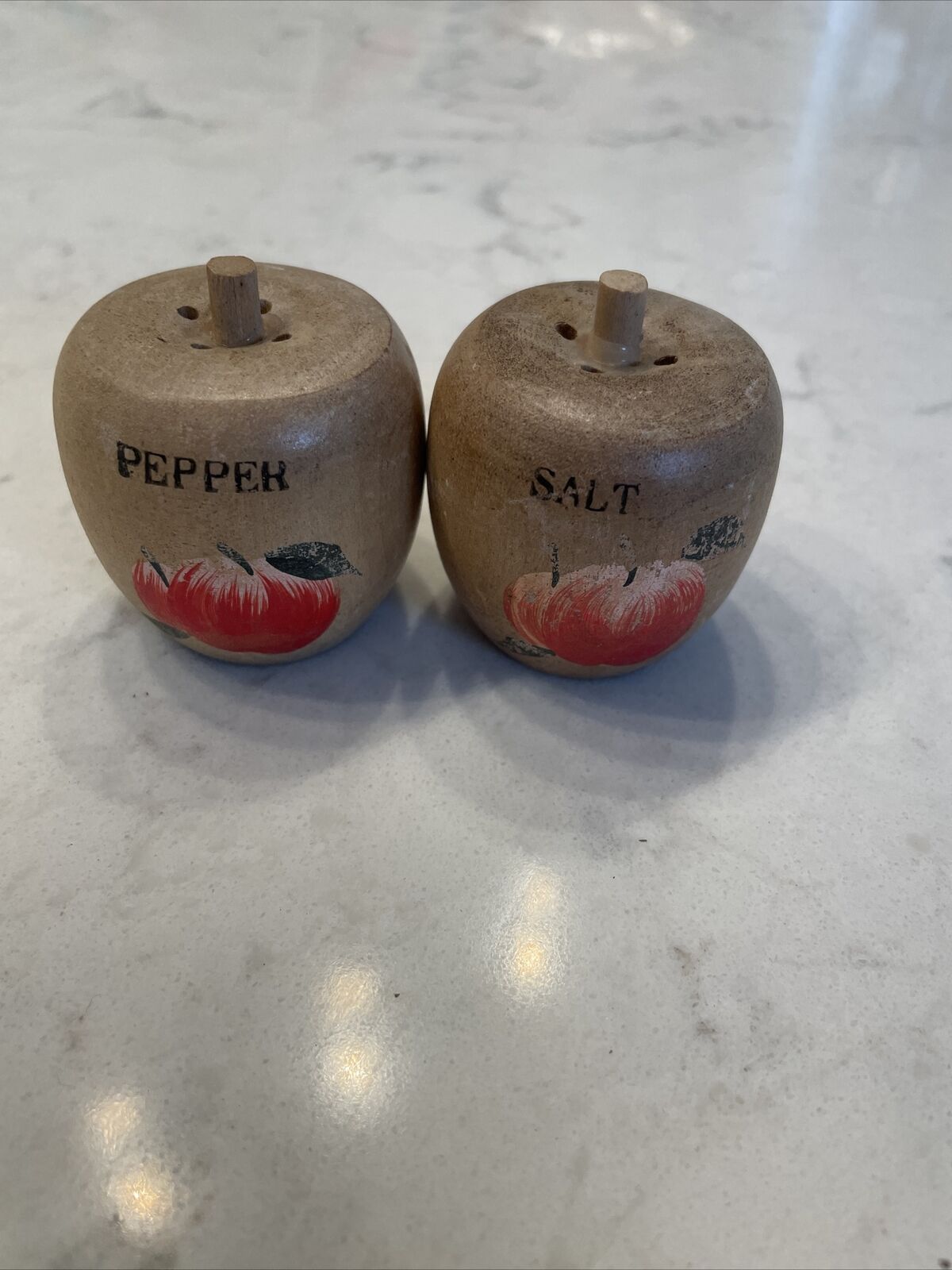 Vintage Wooden Apple Salt And Pepper Shakers, With Stem JAPAN