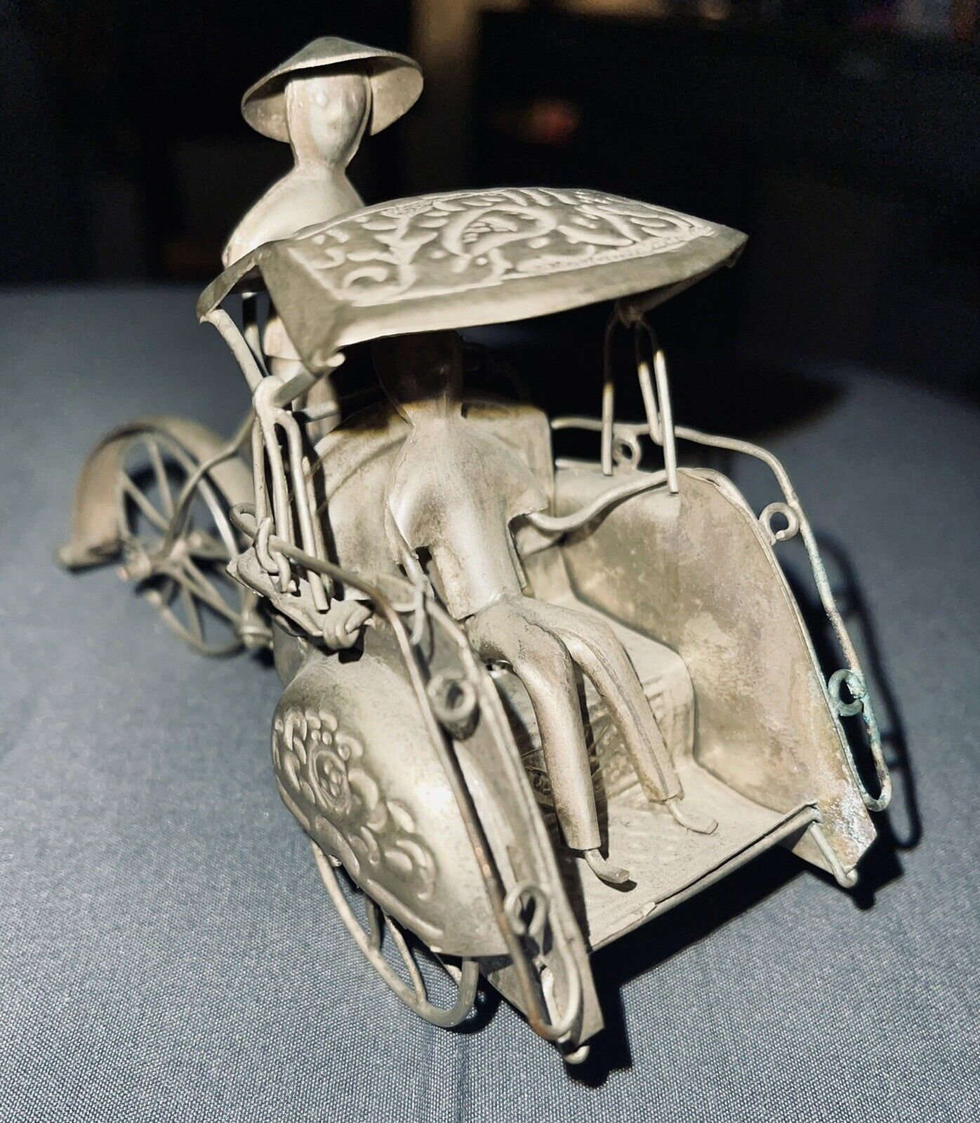 Rickshaw Figure Asian Silver Tone Metal Folk Art Vintage Pedicab Hand Crafted
