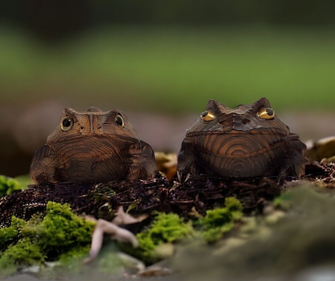 2 Vintage Hand Carved Cryptomeria Japanese Sugi Cedar Wood Toads Frogs