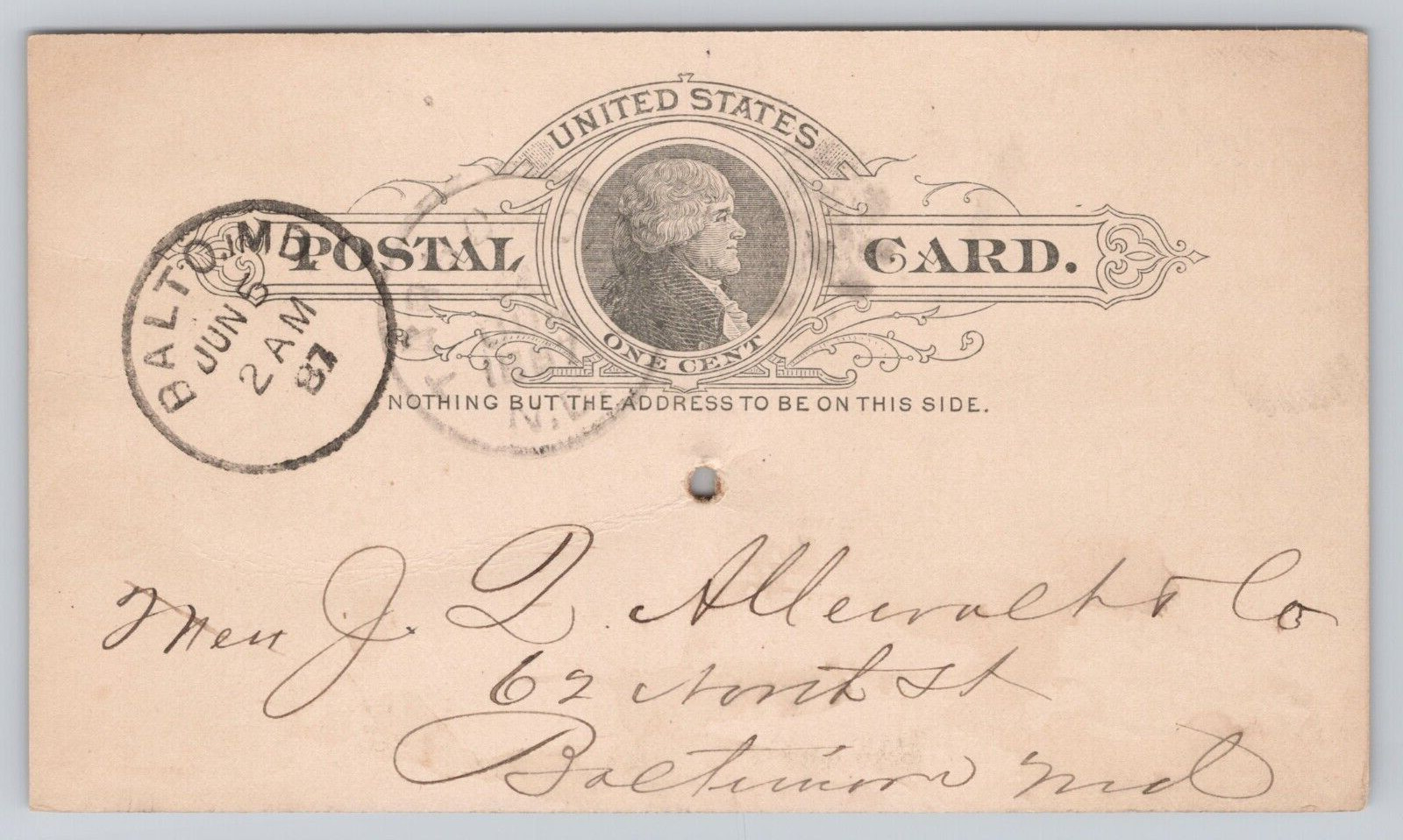 Vtg United States 1887 Postal Card One Cent Posted