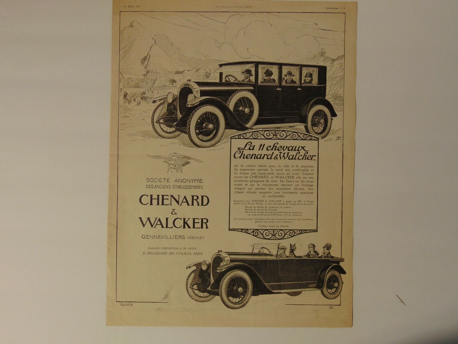 1925 CHENARD & WALCKER French Automobile ad vintage art print ad