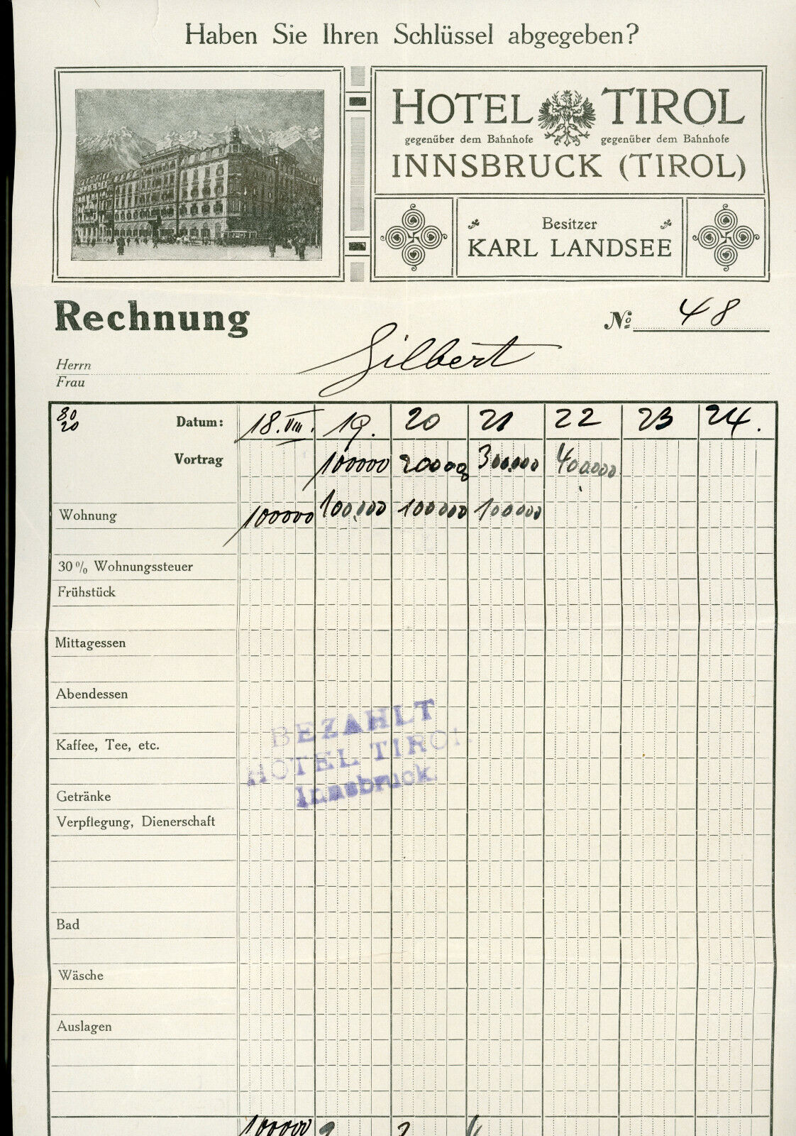 wd4  1920\'s Hotel Tirol Innsbruck Karl Landsee Bill / Receipt 110a