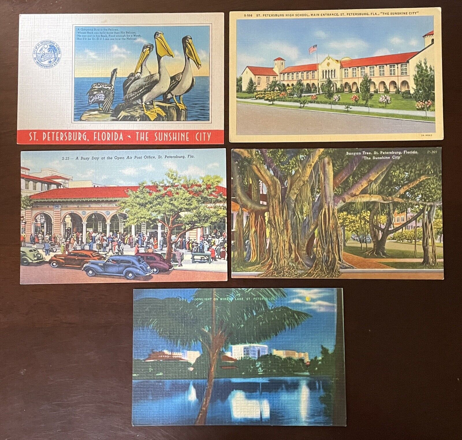 Lot of 5 Linen Postcards St. Petersburg Florida School Post Office Mirror Lake