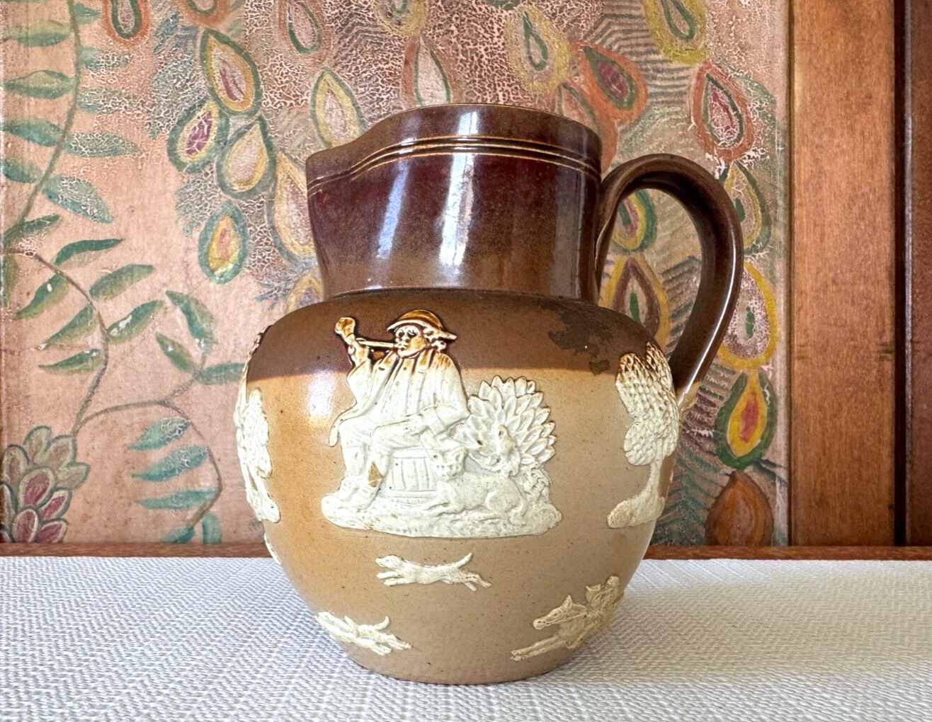 Antique Doulton Lambeth Stoneware Pottery Pitcher - Hunting White Relief (1125)