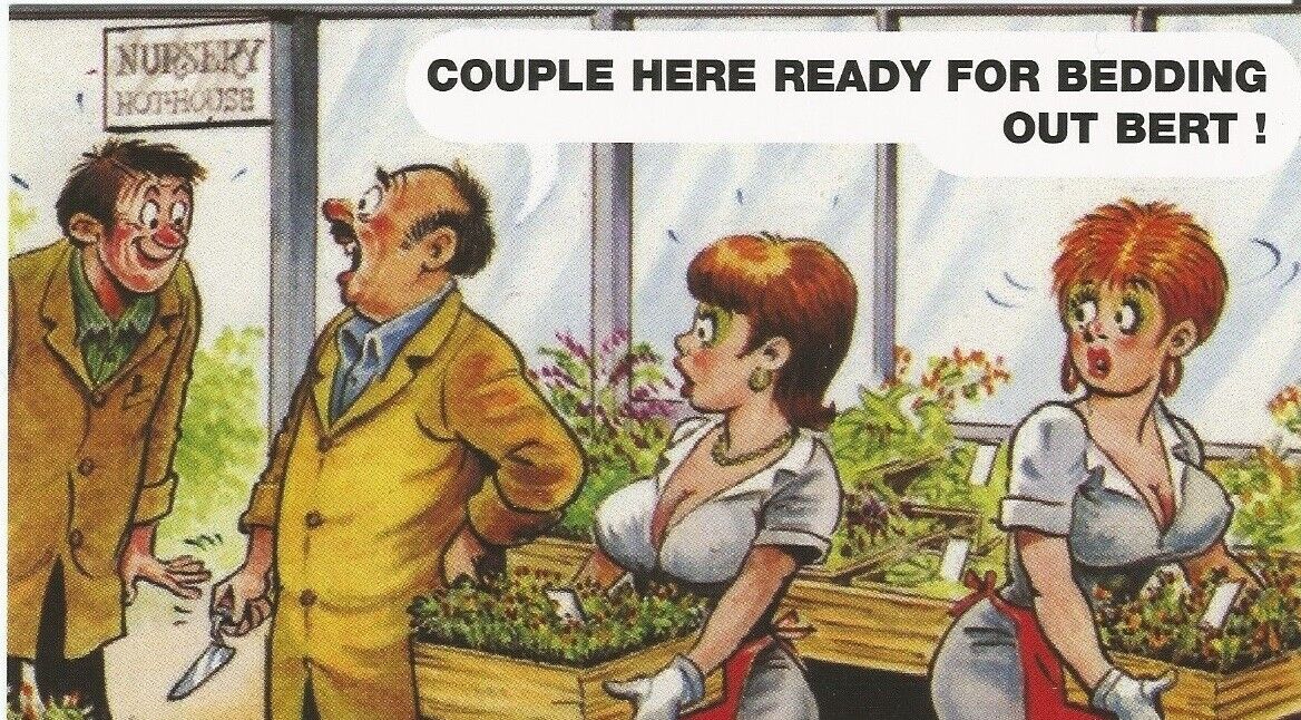 Bamforth Saucy Postcard Couple Here ready for Bedding C-42183 Boobs, Gardening