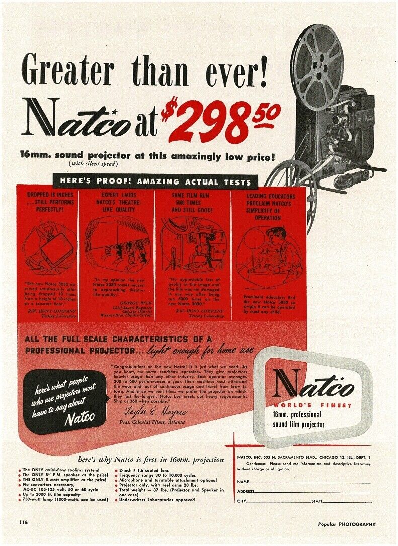 1948 NATCO 16mm Movie Projector Vintage Print Ad