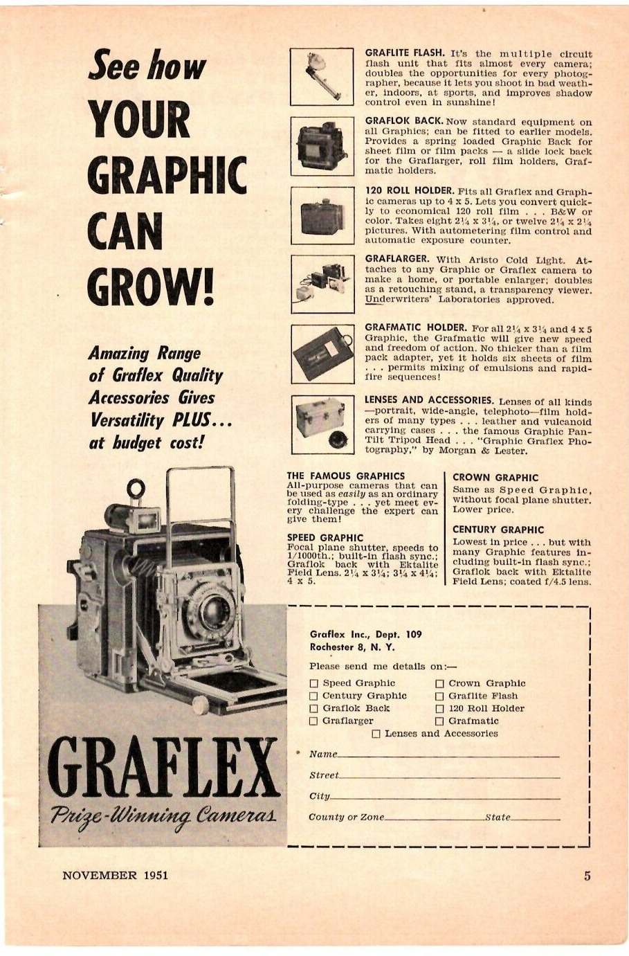 1951 Print Graflex Prize Winning Cameras Graflite Flash Graflox Back 120 Roll