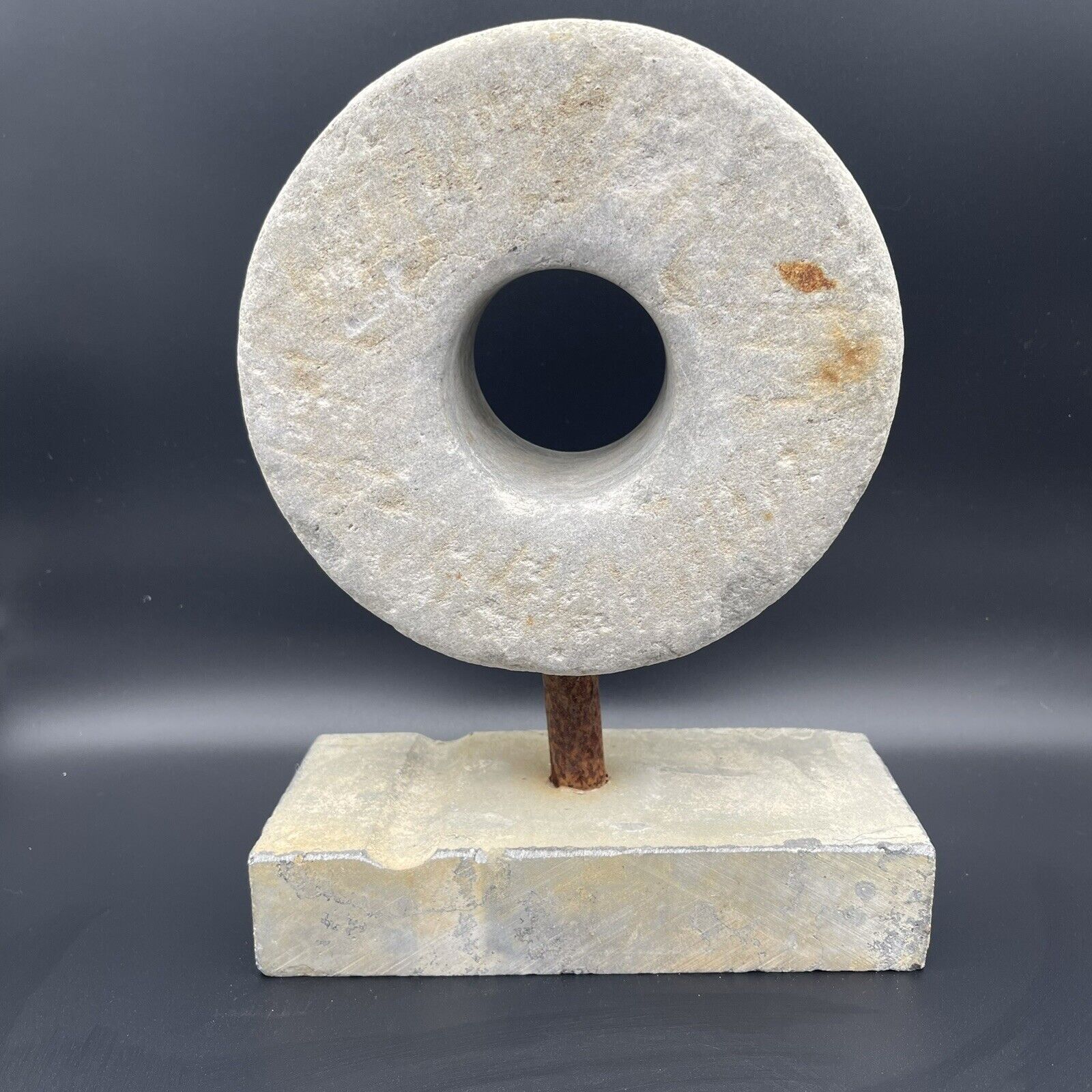 Fantastic Antique Millstone Round Ring Wheel Carved Stone 19th Century On Stand