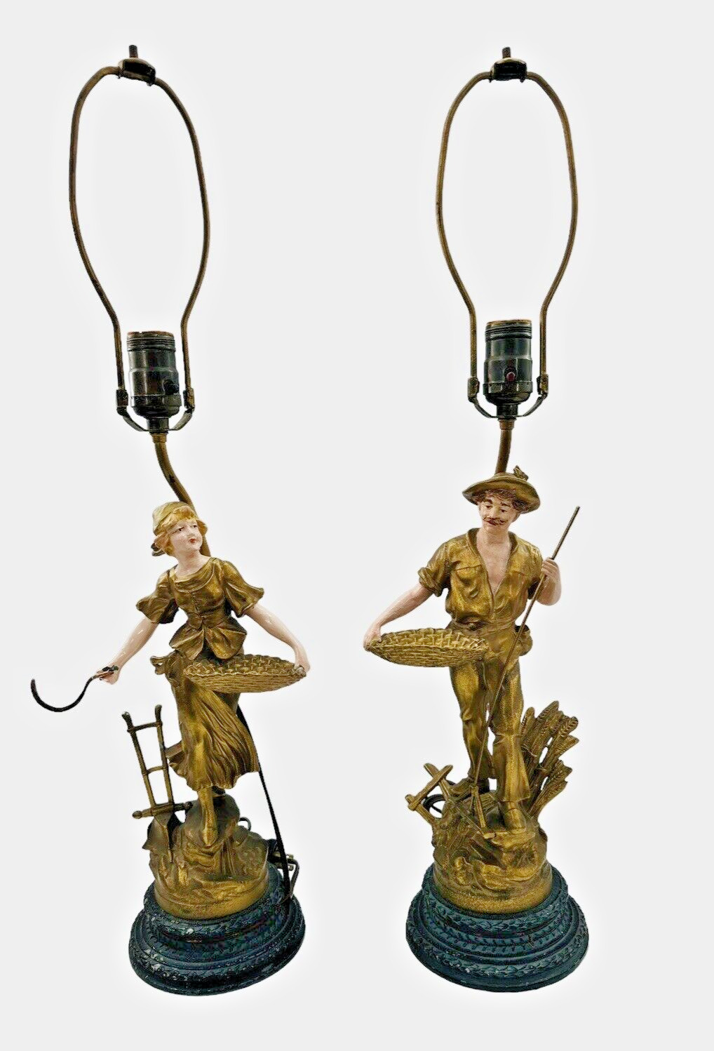 Antique Pair of FARMER LAMPS Man and Wife Wheat Farming Polychrome Painted Metal