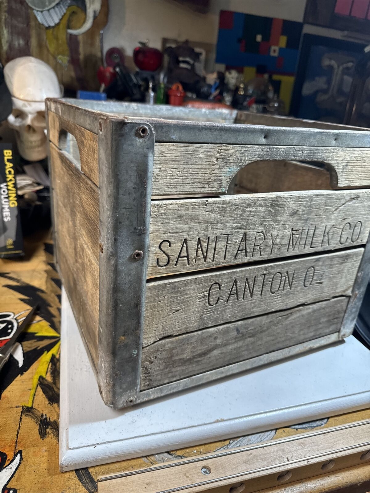 Antique/Vtg? Sanitary Mik Co Wood Galv. Steel Crate Canton Ohio Heavy