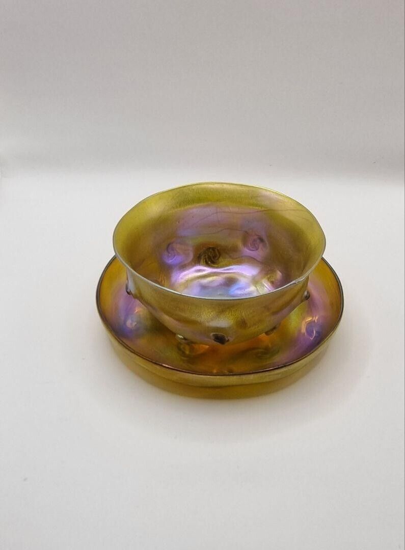 Antique Louis Comfort Tiffany LCT Bowl & Saucer Favrille Glass C.1990