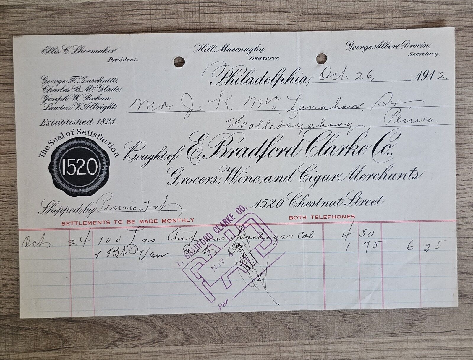 1912 E Bradford Clarke Co Grocers Wine & Cigar Merchants Billhead Philadelphia
