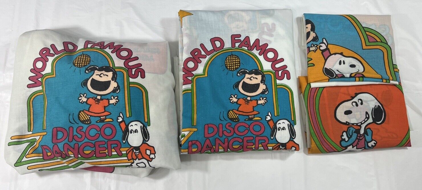 Vintage 70s Sears Snoopy Disco Full Sheet Set Flat Fitted Pillowcases Peanuts