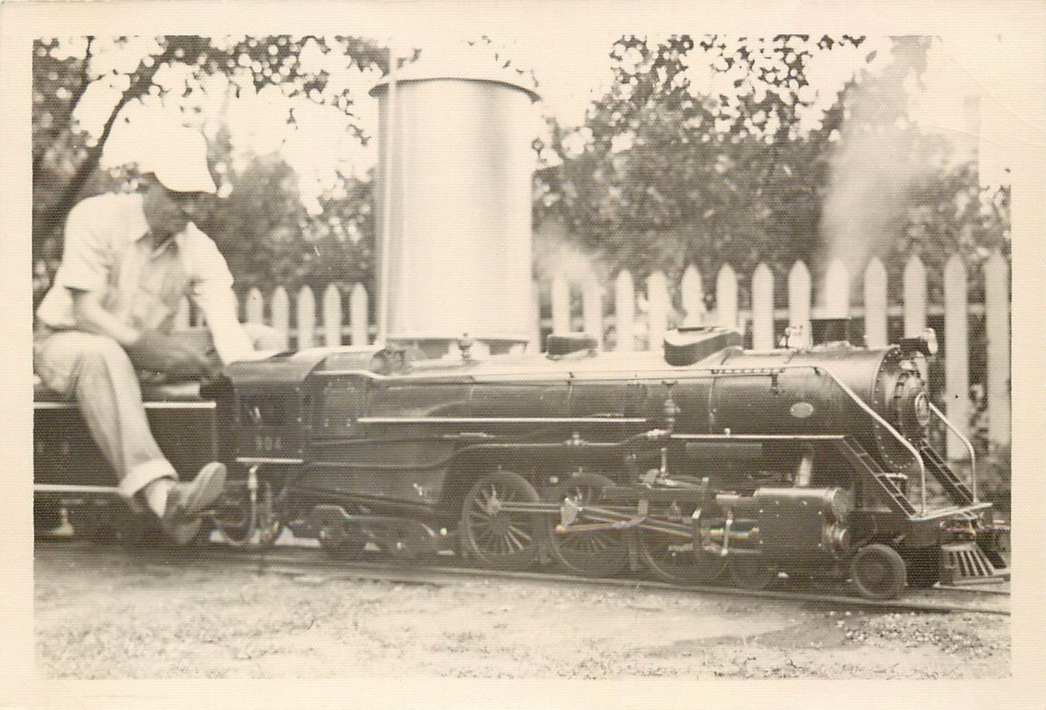 1930 B/W Snapshot of Man Riding Miniature Railway Train Narrow Gauge RR
