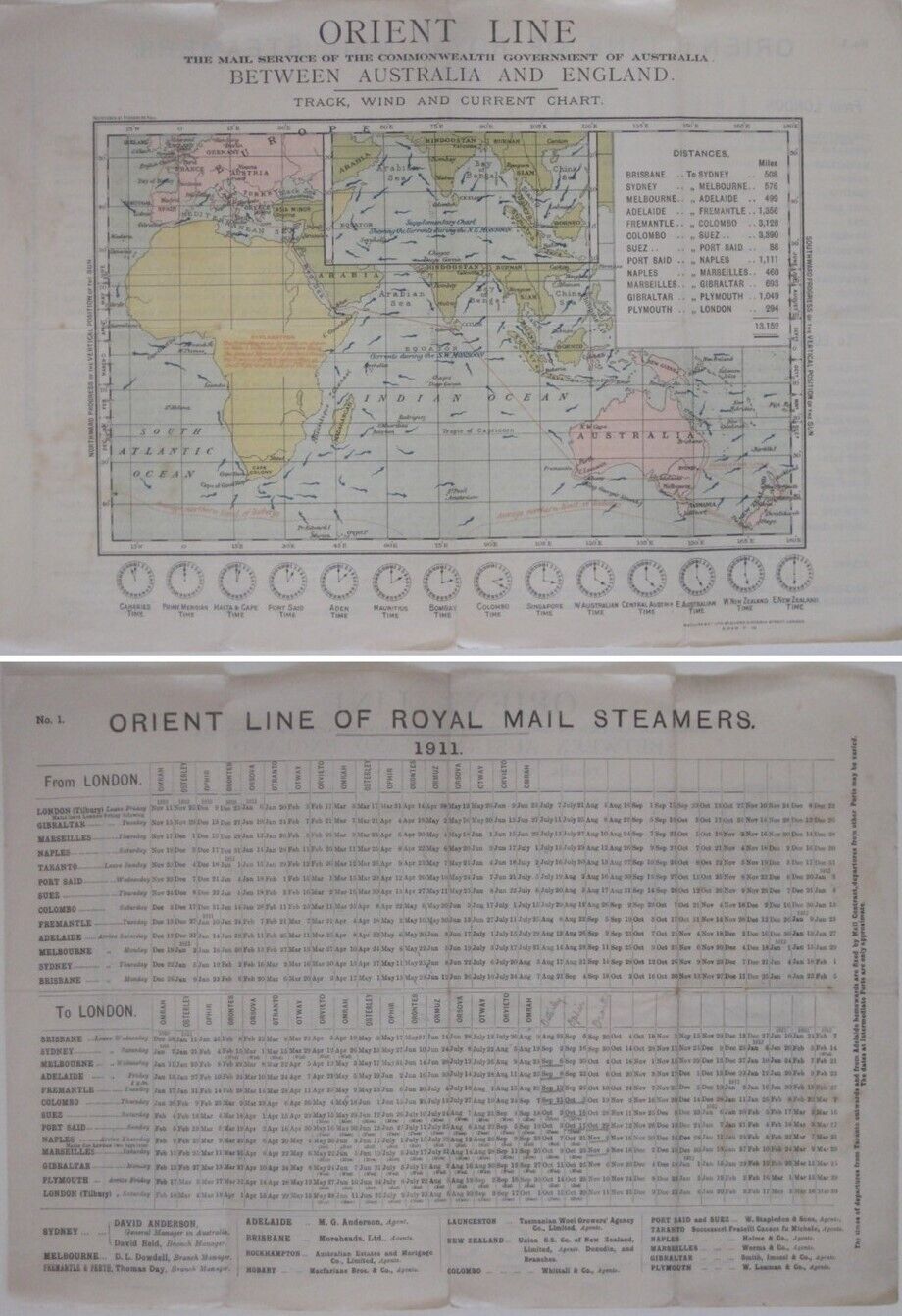 Original 1911 ORIENT LINE ROYAL MAIL STEAMERS England-Australia Map Schedule
