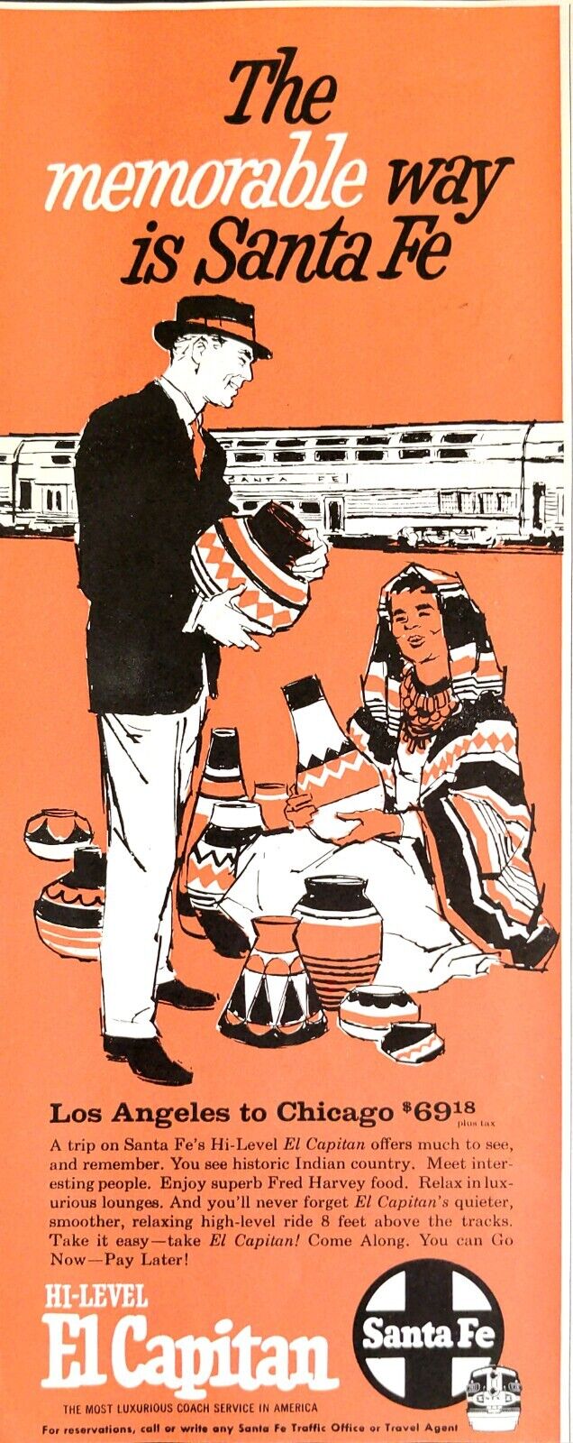 1961 Santa Fe Lines El Capitan Tourist Indian Pottery Los Angeles Chicago Ad