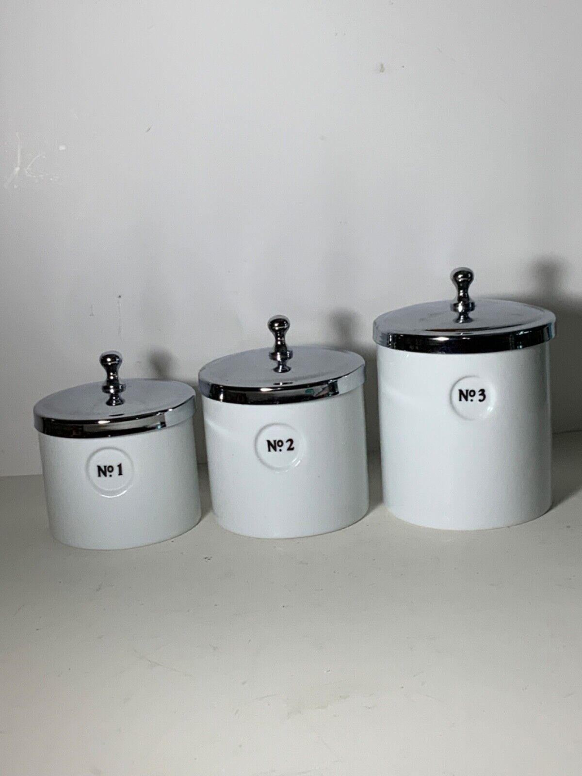 Vintage Restoration Hardware Set of 3 White Ceramic Canisters #1, #2, #3 Rare