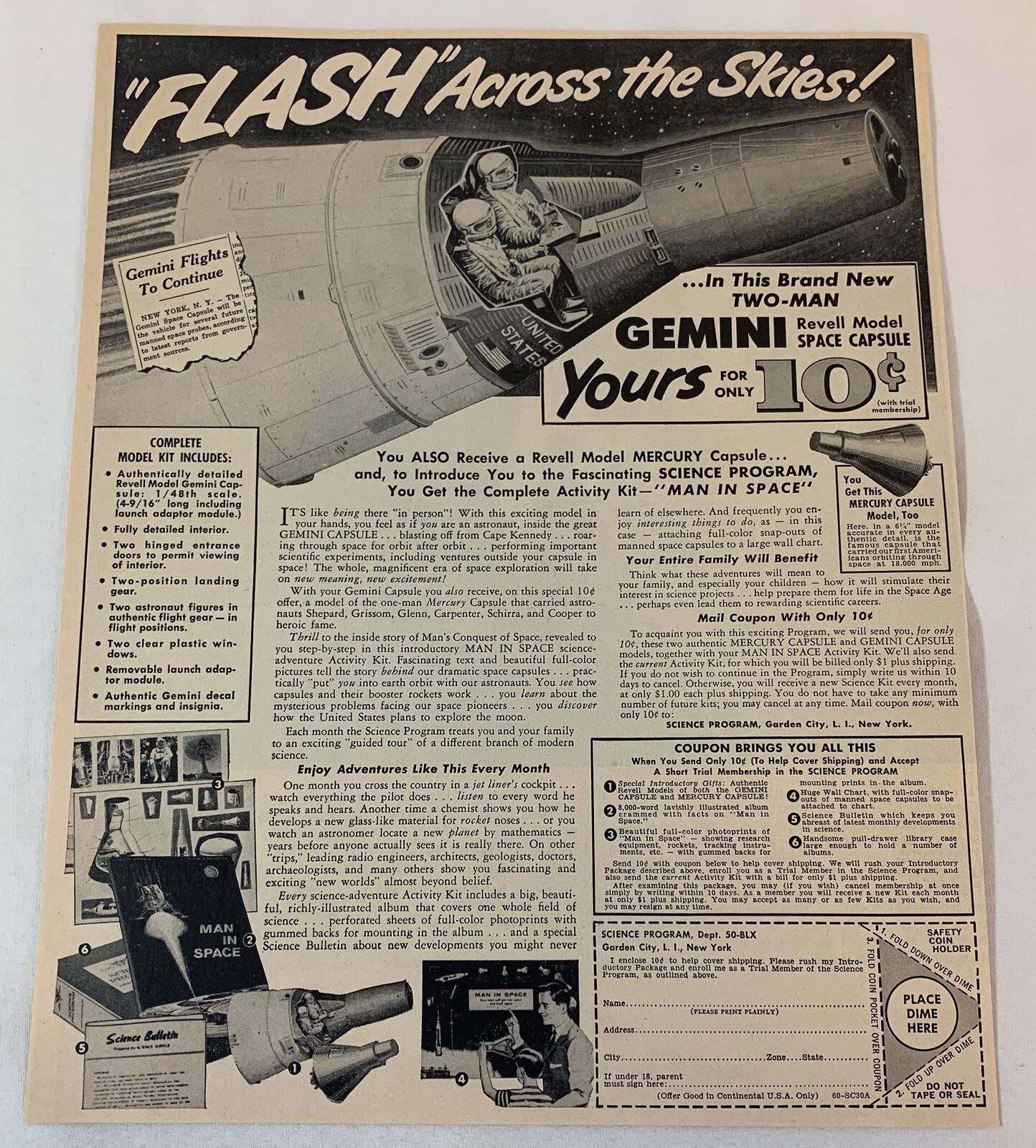 1966 REVELL models ad ~ FLASH ACROSS THE SKIES Gemini Space Capsule~Man In Space