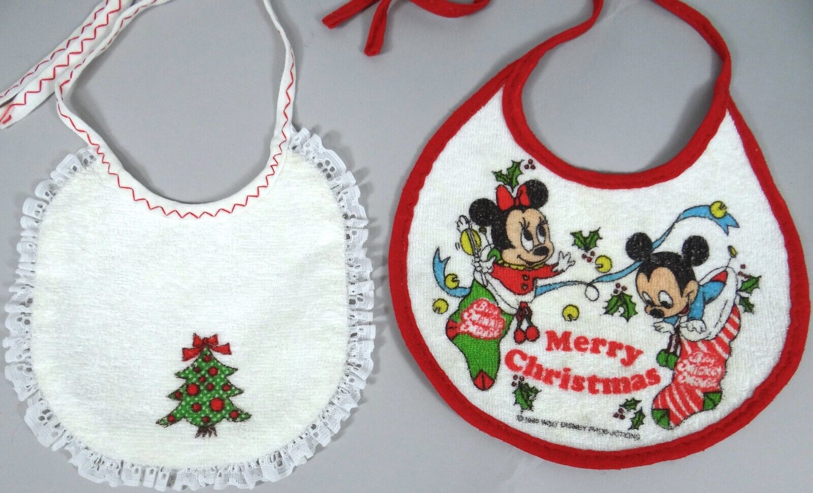 Vtg Baby Bibs Mickey Minnie Mouse Christmas Tree 1985 Terrycloth Plastic Back