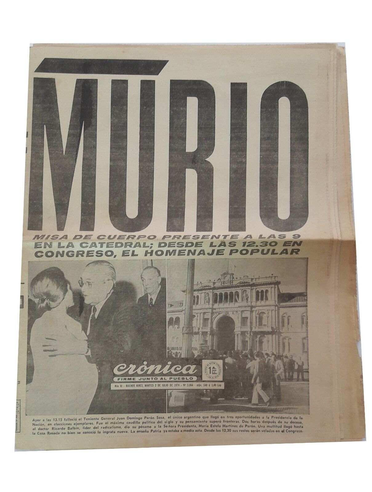 Vintage 1974 Argentina Crónica Newspaper Juan Domingo Perón Death Historic Issue