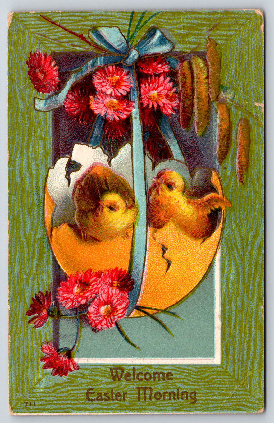 Welcome Easter Morning, Baby Chicks Egg Flowers Bow, Vintage Embossed Postcard