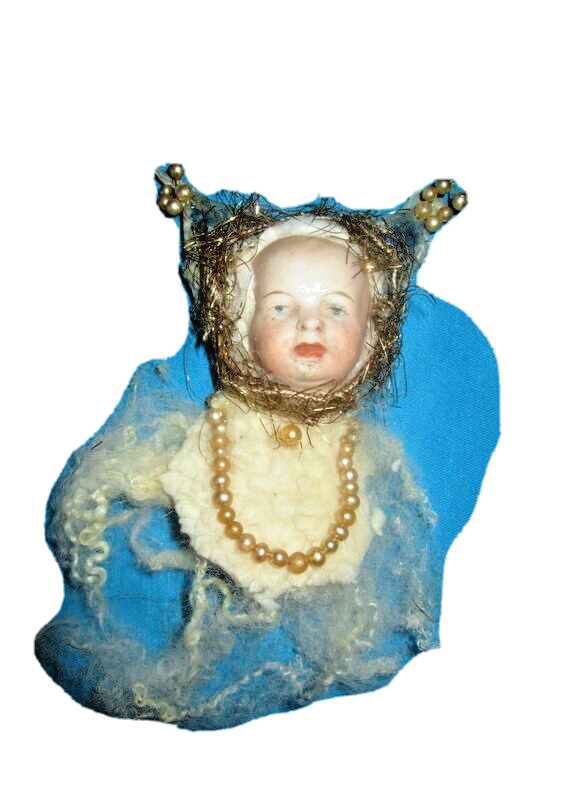  🎀  Antique ornament-Easter Rabbit -bisque face/Tinsel, spun cotton-Kestner