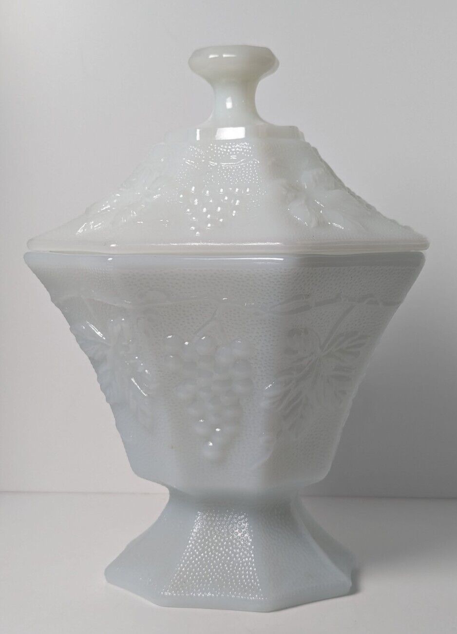 Vintage Westmoreland Pedestal Candy Bowl with Lid White Milk Glass Grapes Leaves