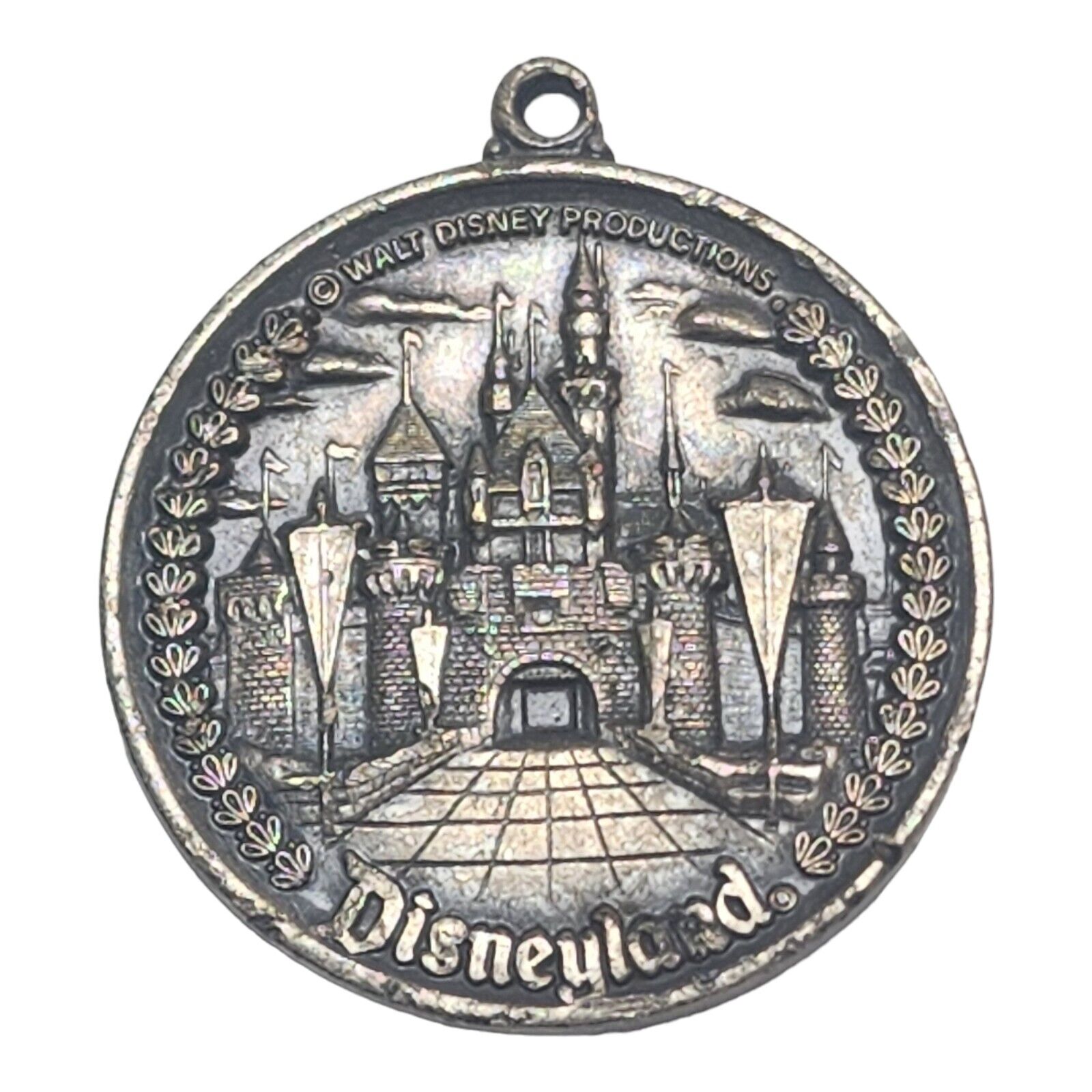 Vtg 80s Disneyland Park Silvered Bronze Medallion Theme Park Souvenir Key Chain