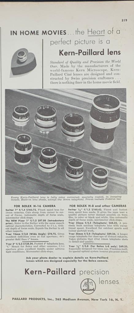 Magazine Ad - 1949 - Kern-Paillard Lenses - New York City, NY