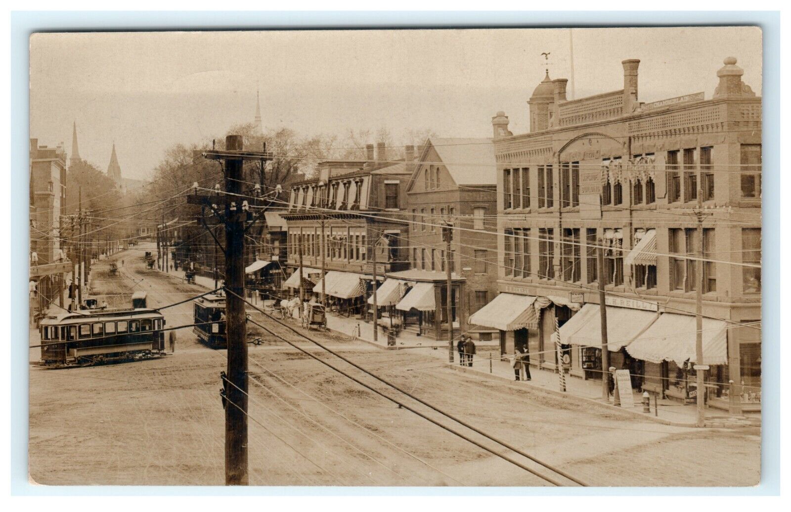1909 Street View Arcade Building Westborough MA Trolley Moxie Store Ad's RPPC