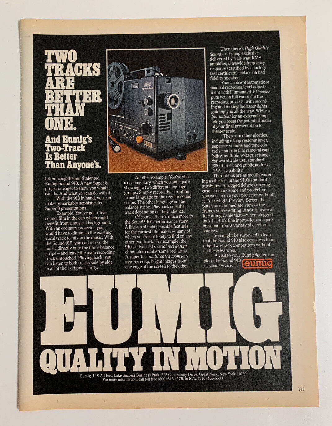 1978 Eumig Print Ad Two Tracks Are Better Than One Sound 910 Super 8 Projector
