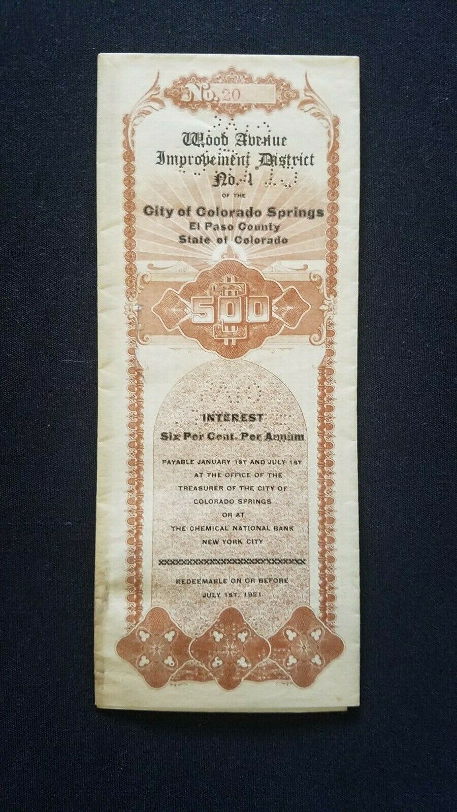 Colorado Springs, July 1910, Original $500 Bond Document