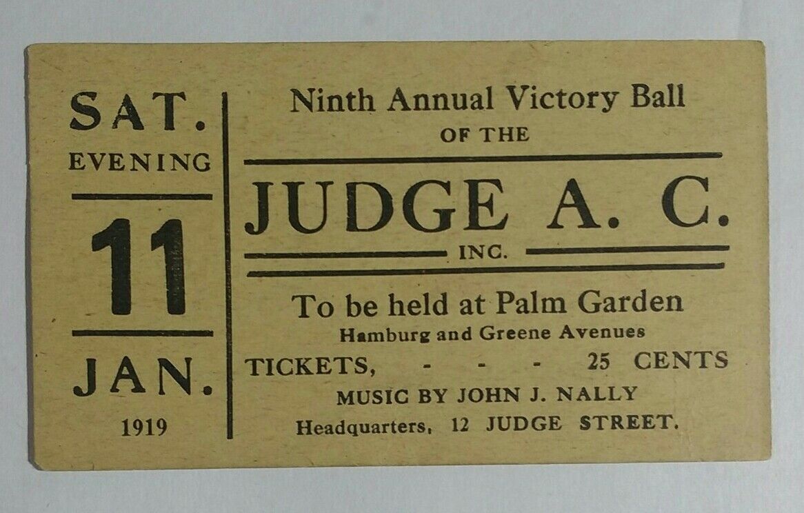 Vtg 1919 Palm Garden Ticket Bushwick Brooklyn NY Hamburg & Greene Ave Antique