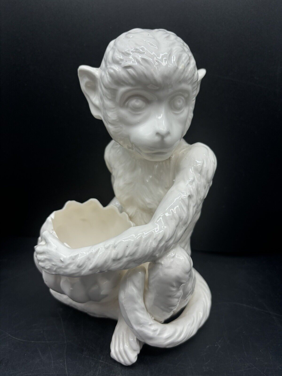 Vintage White Ceramic Monkey With Banana Bowl Planter