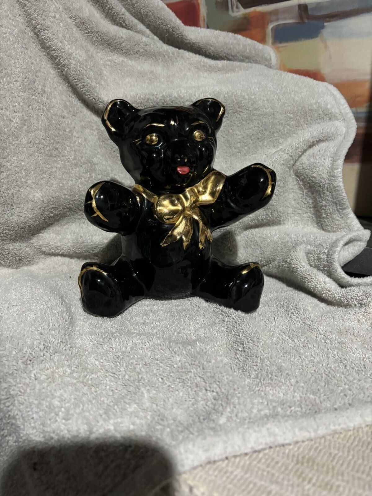 Vintage Bank Ceramic Black Teddy Bear Gold Bow Souvenir of Washington DC
