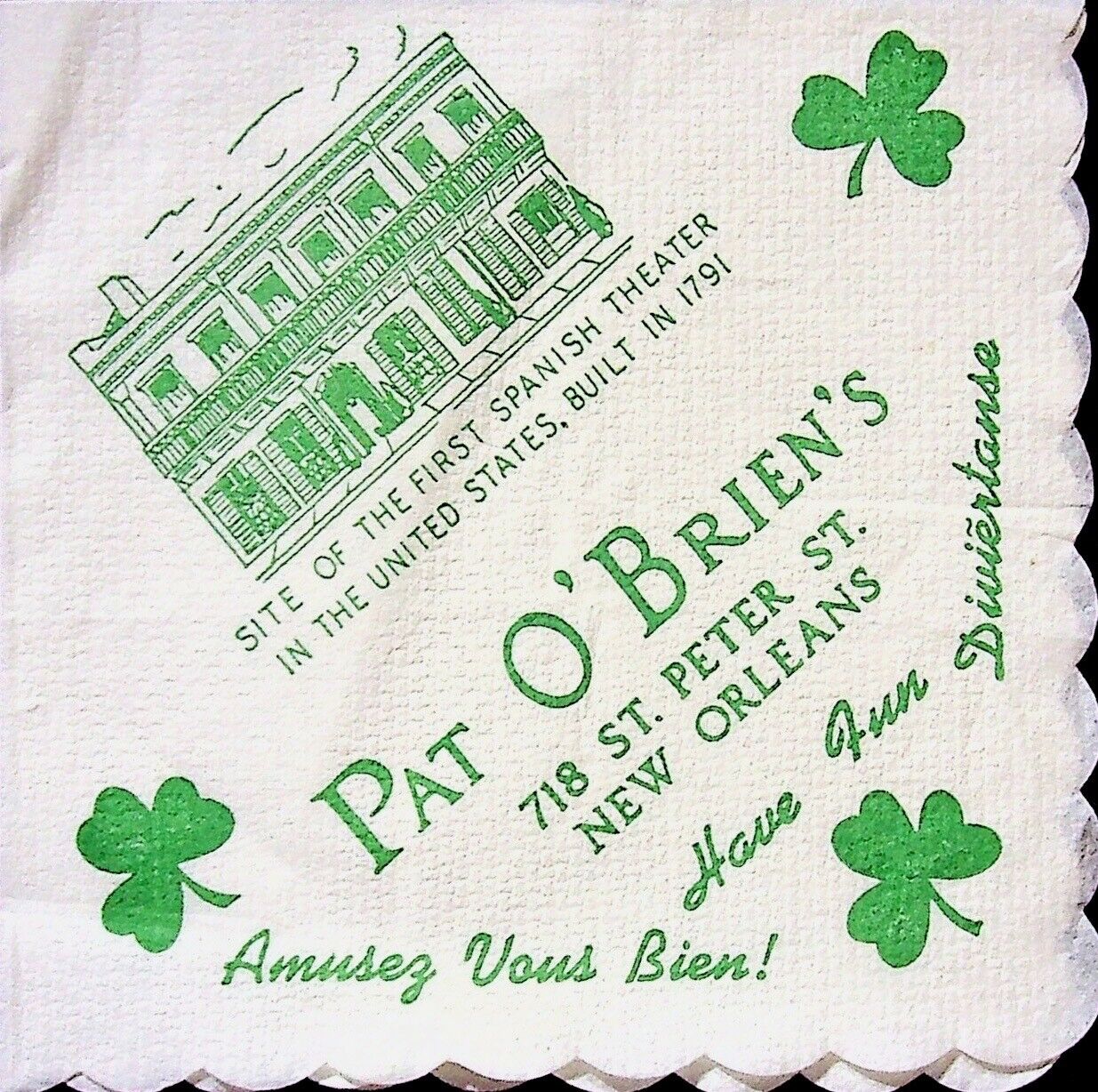 VINTAGE VERY OLD PAT O' BRIEN'S NEW ORLEANS LA COCKTAIL NAPKIN