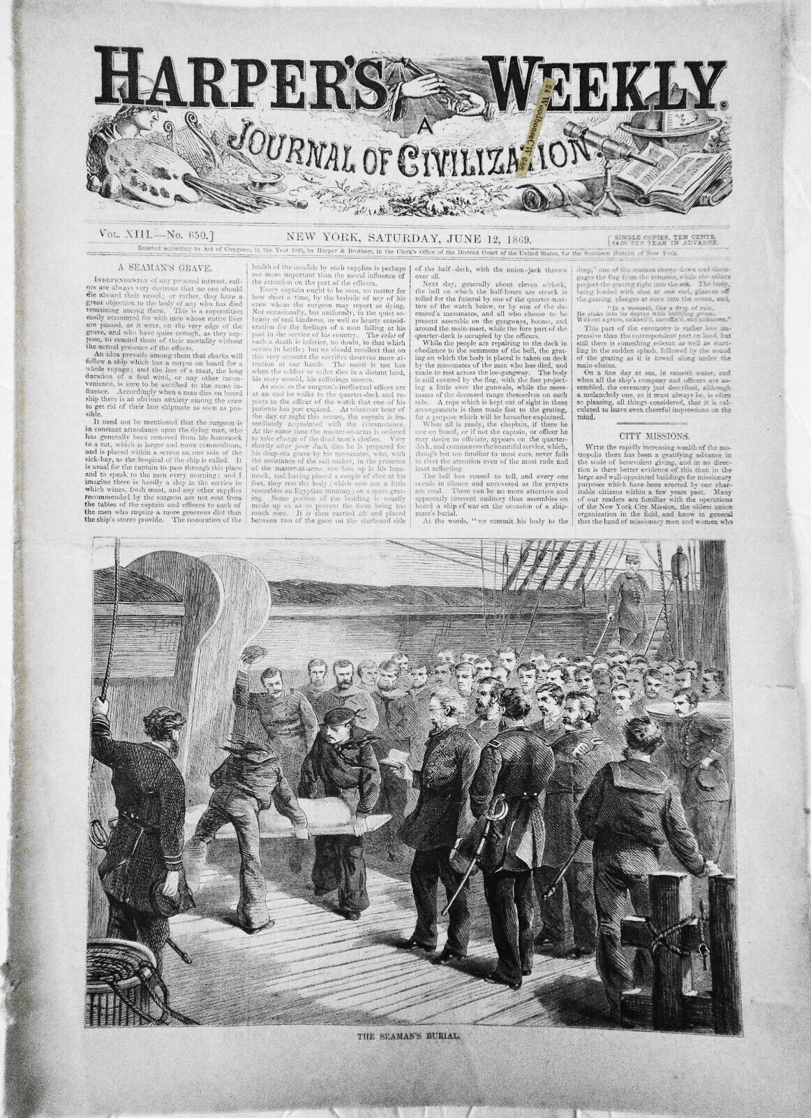 Harper's Weekly, June 12, 1869 - Sea burial ; Pilgrims on Plains; etc - Original