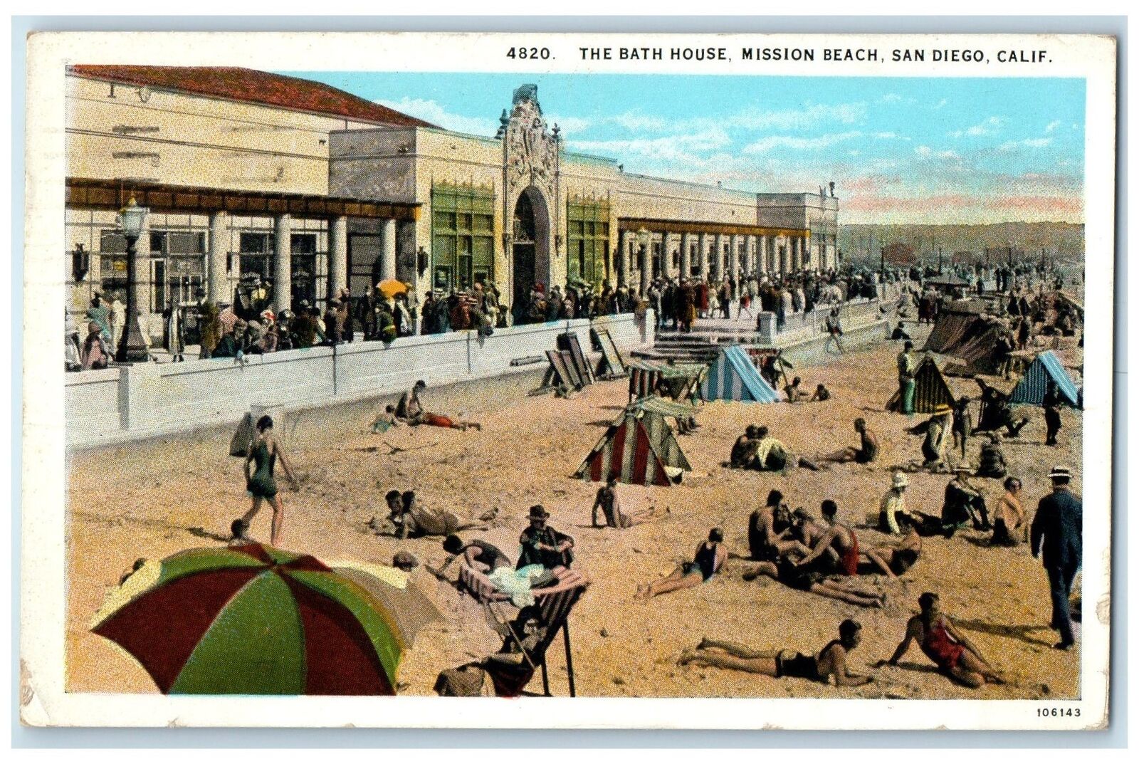 c1920's Bath House Mission Beach Swimming Crowd San Diego California CA Postcard