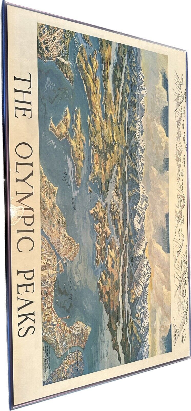 Vintage Olympic Peaks Puget Sound 2 Sided Map George W. Martin 1962/78 WA Framed